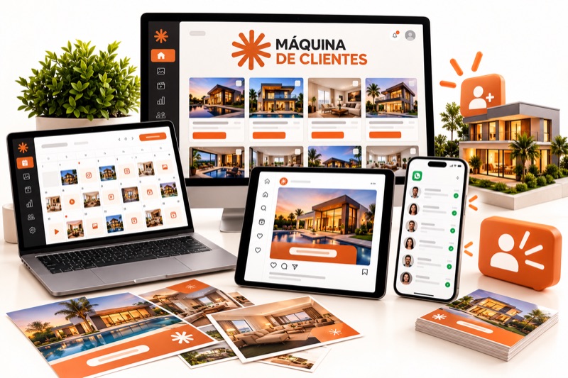 Máquina de Clientes no computador, notebook, tablet e celular, com criativos de imóveis prontos